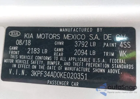 2019 Kia Forte S z USA, uszkodzony, nr VIN 3KPF34AD0KE020351
